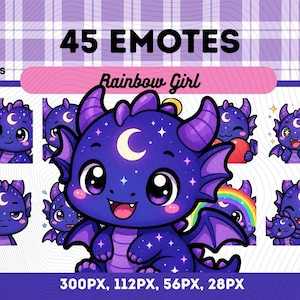 Könnte beinhalten: Digitales Kunstwerk mit 45 Emotes. Das zentrale Bild ist ein lila Drache mit einem Mond und Sternen. Der Text "45 Emotes" und "Rainbow Girl" sind über den Bildern zu sehen. Der Text "PNG Files" und Pixelmaße sind ebenfalls enthalten.