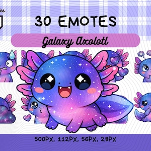 Galaxy Axolotl Emotes Pack 30, Cute Kawaii Space Axolotl Chibi PNG for Streamers, Digital File