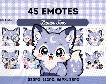 Mån- och fjällräv-emotespaket 45, Chibi Kawaii Moon Arctic Fox PNG för streamers, omedelbar nedladdning