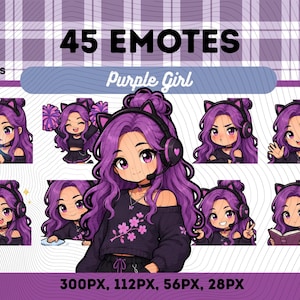 Può includere: Illustrazione digitale con 45 emoticon di una ragazza anime dai capelli viola con orecchie da gatto e cuffie. Le emoticon mostrano varie espressioni e azioni. Il testo "45 Emotes" e "Purple Girl" è visibile.