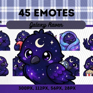 May include: A digital collection of 45 emotes featuring a Galaxy Raven character with dark purple feathers, starry patterns, and a crescent moon on its forehead. The raven is depicted in various expressions including crying, eating popcorn, and holding a heart.