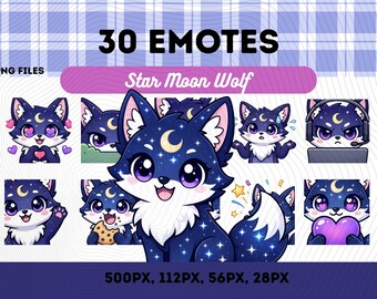 Stjärnmånevarg-emotespaket 30, kawaii himmelsk varg chibi natthimmel fantasi stream-emotes PNG VTuber, direktnedladdning