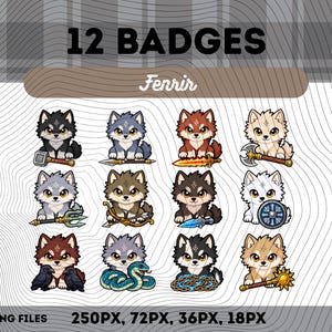 Puede incluir: Una colección digital de 12 insignias con lobos de estilo chibi llamados Fenrir, cada uno sosteniendo diferentes armas u objetos de fantasía como martillos, lanzas, espadas, hachas, tridentes, arcos, dagas, escudos, cuervos, serpientes, cadenas y mazas.