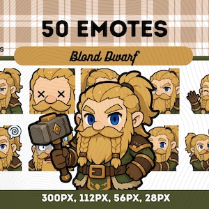 Op de afbeelding: Digitale illustratie met 50 emotes van een blonde dwerg met een lange baard en blauwe ogen. De emotes tonen verschillende uitdrukkingen en acties. Tekst bevat "50 Emotes" en "Blond Dwarf".