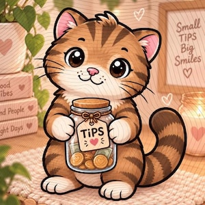 Könnte beinhalten: Eine Illustration einer braunen getigerten Katze, die ein Glasgefäß mit Goldmünzen und Geldscheinen hält. Ein mit einer Schnur am Glas befestigtes Etikett trägt die Aufschrift "TIPS" mit einem kleinen Herz. Die Katze hat große dunkle Augen, eine rosa Nase und eine weiße Brust. Ein Schild in der Nähe zeigt "Small TIPS Big Smiles".