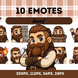 Paquete de emoticonos de enanos 10, enano de fantasía con cabello castaño, kawaii chibi, personaje de rol, emoticonos para streamers, PNG, VTuber, streamers, descarga instantánea