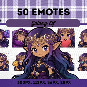 May include: A digital collection of 50 emotes featuring a Galaxy Elf character with long purple hair, pointed ears, and a gold celestial crown. The set includes various expressions and poses, such as holding a trophy, a heart, and wearing sunglasses.