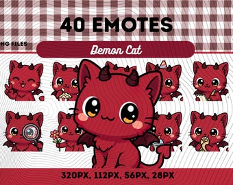 Röd demonkatt-emotespaket 40, Chibi Kawaii Devil Cat PNG för streamers, omedelbar nedladdning