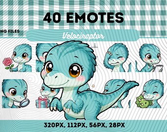 Velociraptor Emotes Pack 40, Chibi Kawaii Söt Raptor Dinosaurie PNG för Streamers, Omedelbar Nedladdning