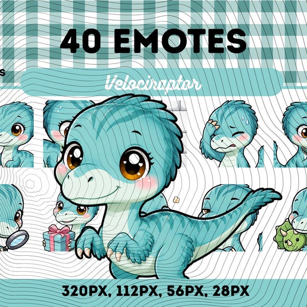 Velociraptor Emotes Pack 40, Chibi Kawaii Cute Raptor Dinosaur PNG for Streamers, Instant Download