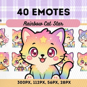 以下が含まれることがあります： 40個の猫の絵文字が描かれたデジタルアート。虹色の猫が花やプレゼントを持っているなど、さまざまなポーズをとっています。「40 EMOTES」、「Rainbow Cat Star」、ピクセル寸法などのテキストが含まれています。