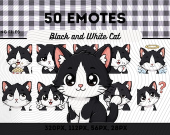 Svartvita katt-emotespaket 50, Chibi Kawaii Tuxedo Cat PNG för streamers, omedelbar nedladdning