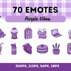 May include: Digital art featuring 70 purple-themed emotes. The image includes illustrations of a dinosaur, gumball machine, popcorn, soap, laptop, bubble tea, milkshake, water bottle, grapes, macaron, lavender, and grape soda. Text includes "70 EMOTES" and "Purple Vibes."