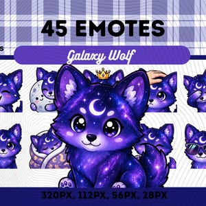 Könnte beinhalten: Eine digitale Sammlung von 45 Galaxy Wolf Emotes im PNG-Format. Das Set zeigt einen violett-blauen Wolf im Weltraum-Design mit einer Mondsichel auf der Stirn, dargestellt in verschiedenen Posen, unter anderem lächelnd oder mit einer Sonnenbrille.