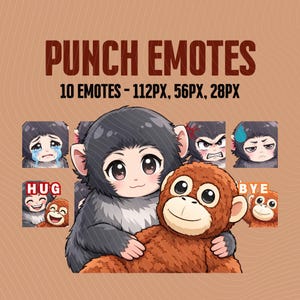 Puede incluir: Gráfico de arte digital que presenta un mono de dibujos animados abrazando a un mono de peluche marrón. La imagen incluye el texto "PUNCH EMOTES" y muestra 10 emotes diferentes en varios tamaños. El fondo es de color beige.
