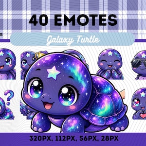 May include: A digital collection of 40 emotes featuring a galaxy-themed turtle with purple and blue cosmic skin, large expressive eyes, and a star on its forehead. The set includes various poses like giving a thumbs up, wearing sunglasses, and forming a heart shape with its hands, labeled as 40 EMOTES Galaxy Turtle PNG FILES.