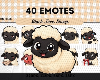Svart ansikte får emotes pack 40, Chibi Kawaii vita får PNG för streamers, omedelbar nedladdning