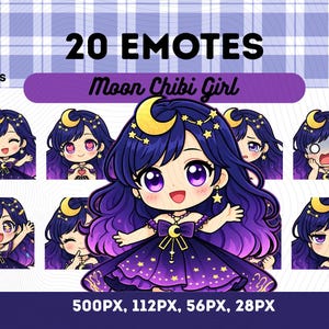 May include: Digital artwork of a Moon Chibi Girl with different expressions. The image includes the text "20 Emotes" and "Moon Chibi Girl" with sizes 500PX, 112PX, 56PX, and 28PX. The girl has purple hair, a crescent moon, and a star-themed dress.