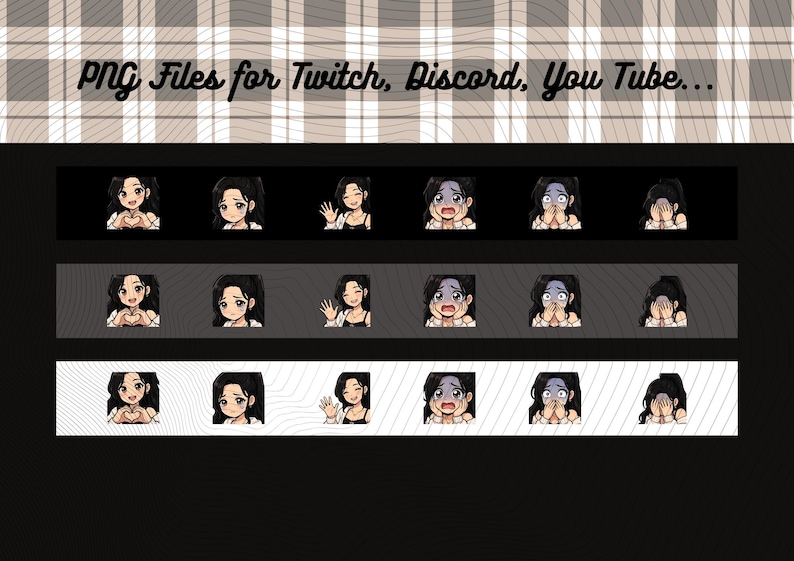 Paquete de 40 emoticonos de chica con coleta, cabello ondulado, ojos marrones, kawaii chibi, emoticonos lindos para streamers PNG, VTuber, streamers, descarga instantánea imagen 4