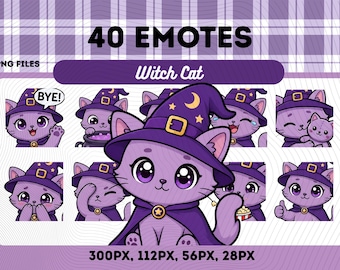 Trollkarls-lila katt-emotespaket 40, häxig chibi-katt kawaii-fantasi-PNG för streamers, omedelbar nedladdning