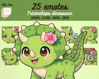 Pacote com 25 emotes de dinossauro Triceratops, emotes fofos e kawaii de dinossauros chibi em PNG para streamers, arquivo digital