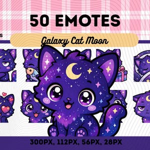 以下が含まれることがあります： 紫色の猫と銀河のデザイン、三日月と星が描かれたデジタルアートグラフィック。テキスト「50 Emotes」と「Galaxy Cat Moon」が表示されています。画像には、さまざまな表情の猫の絵文字がいくつか含まれており、サイズは300PX、112PX、56PX、28PXです。
