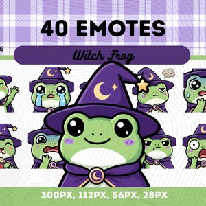 May include: Digital art featuring a collection of 40 emotes of a green frog wearing a purple witch hat and cape. The emotes display various expressions, including happy, sad, and angry. Text reads "40 Emotes" and "Witch Frog".