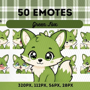 Puede incluir: Una colección digital de 50 emoticonos con un personaje de zorro verde con varias expresiones. El texto 50 EMOTES, Green Fox, PNG FILES y 320PX, 112PX, 56PX, 28PX es visible. El zorro tiene ojos grandes y una mancha blanca en el pecho.