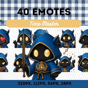 Op de afbeelding: Een digitale collectie van 40 emotes met een figuur in een blauwe kapmantel met gouden tandwielaccenten. Het figuur heeft gloeiende gele ogen en verschijnt in verschillende houdingen, waaronder met een zwaard, etend van popcorn en met hartjes.