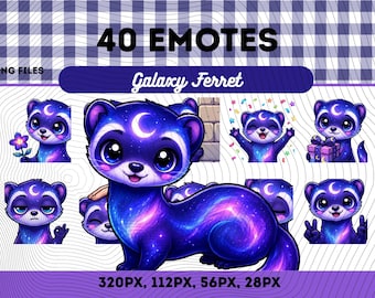 Galaxy Ferret Emotes Pack 40, Chibi Kawaii Cosmic Ferret PNG för streamers, omedelbar nedladdning