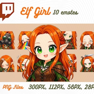 赤毛のエルフの女の子のエモートパック10、ストリーマー向けのかわいいカワイイ森のエルフのちびキャラPNG、デジタルファイル