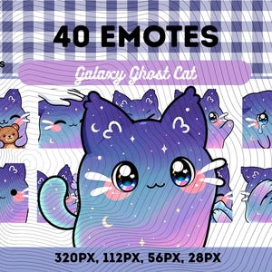 Può includere: Una collezione digitale di 40 emote Galaxy Ghost Cat in formato PNG. Il set presenta varie espressioni di gatto con un motivo a galassia sfumato viola e blu, stelle bianche e lune crescenti. Testo: 40 EMOTES, Galaxy Ghost Cat, 320PX, 112PX, 56PX, 28PX.