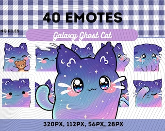 Galaxy Ghost Cat Emotes Pack 40, Chibi Kawaii Cosmic Spirit Cat PNG för streamers, omedelbar nedladdning