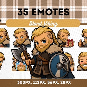 May include: A digital art graphic featuring a blonde Viking character with various expressions and poses. The image includes the text "35 Emotes" and "Blond Viking" with sizes 300PX, 112PX, 56PX, and 28PX. The Viking is depicted with an axe and shield.