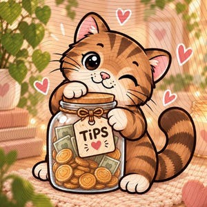 Könnte beinhalten: Eine braune, getigerte Cartoon-Katze mit dunklen Streifen umarmt ein klares Glasgefäß, das mit Goldmünzen und Geldscheinen gefüllt ist. Ein beiges Etikett, das mit einer Schnur am Deckel befestigt ist, zeigt den Text TIPS und ein kleines rotes Herz.
