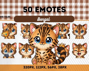 Bengalkatt-emotespaket 50, Chibi Kawaii Prickig Bengalkatt PNG för streamers, omedelbar nedladdning