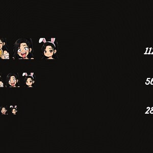 Puede incluir: Conjunto de tres emoticonos de dibujos animados que representan a una mujer con cabello negro. Los emoticonos muestran diferentes expresiones: sonriendo con una tarjeta dorada, sacando la lengua y usando orejas de conejo. La imagen tambi&eacute;n incluye el texto "112px", "56px" y "28px".