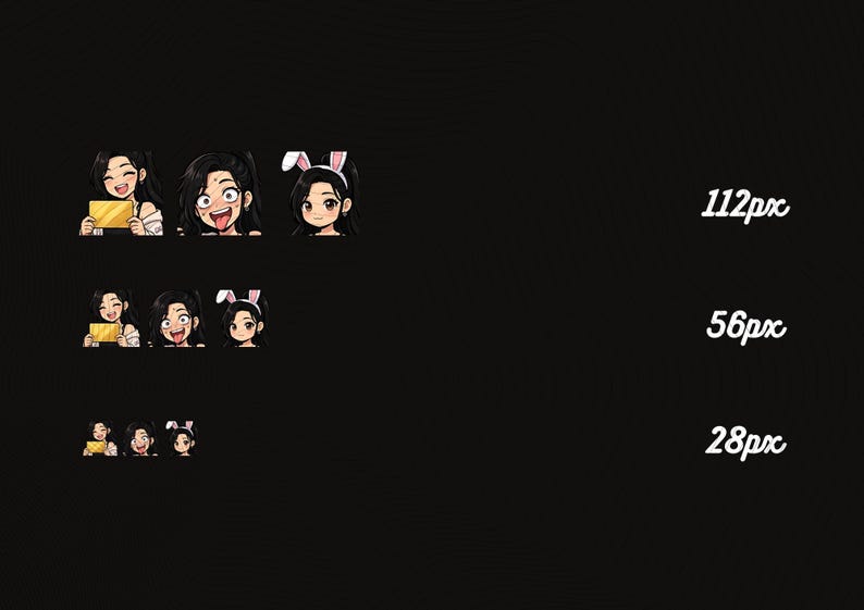 Puede incluir: Conjunto de tres emoticonos de dibujos animados que representan a una mujer con cabello negro. Los emoticonos muestran diferentes expresiones: sonriendo con una tarjeta dorada, sacando la lengua y usando orejas de conejo. La imagen tambi&eacute;n incluye el texto "112px", "56px" y "28px".