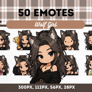May include: Digital art showing 50 emotes of a Wolf Girl with different expressions. The cartoon-style emotes feature a girl with wolf ears and dark clothing. The text "50 Emotes" and "Wolf Girl" are displayed on the image.
