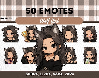 Paquete de 50 emoticonos de Chica Lobo Gris, PNG de fantasía de Mujer Lobo Chibi Kawaii para streamers, descarga instantánea