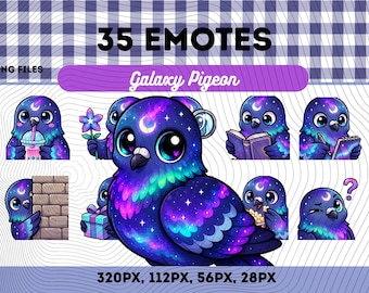 Galaxy Aurora Pigeon Emotes Pack 35, Chibi Kawaii Cosmic Northern Lights PNG för streamers, omedelbar nedladdning