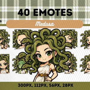 Medusa-emotespaket 40, Chibi Kawaii mytologisk varelse PNG för streamers, omedelbar nedladdning