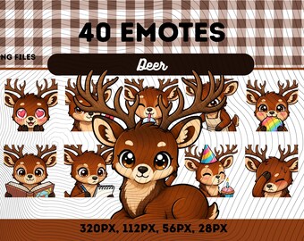 Hjort-emotespaket 40, Chibi Kawaii söt hjort PNG för streamers, omedelbar nedladdning