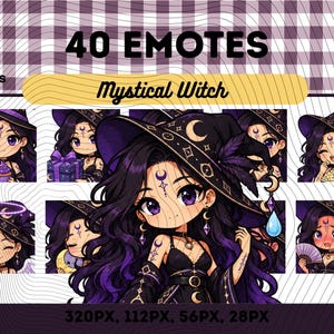 Peut inclure: Une collection numérique de 40 émoticônes intitulée Mystical Witch, représentant un personnage aux longs cheveux violet-noir, aux yeux violets et portant un chapeau de sorcière orné de lunes. Le set inclut diverses expressions au format PNG.