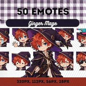 50 Twitch-Emotes für rothaarige Magier, süßes Emote-Paket für männliche rothaarige Magier, magischer Fantasy-Discord-Streamer (PNG-Download)