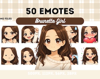 Paquete de 50 emoticonos de chica morena, cabello castaño ondulado, ojos marrones, emoticonos kawaii chibi para streamers en formato PNG. Descarga instantánea.