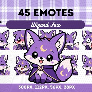 ウィザードフォックスエモートパック45、パープルフォックスメイジカワイイちびソーサラームーン額ファンタジーPNG VTuber、ストリーマー、即時ダウンロード