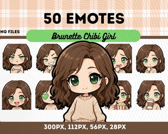 Pack de 50 emoticonos de chica morena chibi, pelo castaño, ojos verdes, jersey color crema, emoticonos kawaii para streamers y vtubers, descarga instantánea.