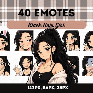 Puede incluir: Ilustraci&oacute;n digital con 40 emoticonos de una chica de pelo negro con diversas expresiones. El t&iacute;tulo "40 Emotes Black Hair Girl" est&aacute; visible. Los emoticonos est&aacute;n en formato PNG y disponibles en tama&ntilde;os de 112px, 56px y 28px.