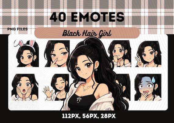 Ponytail Girl Emotes Pack 40, Wavy Hair Brown Eyes Kawaii Chibi Girl Cute Stream Emotes PNG VTuber, Streamers, Instant Download